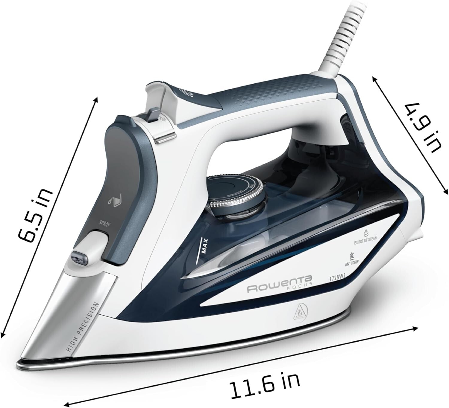 Powerful 1725W Steam Iron with Stainless Steel Soleplate & 400 Microsteam Holes