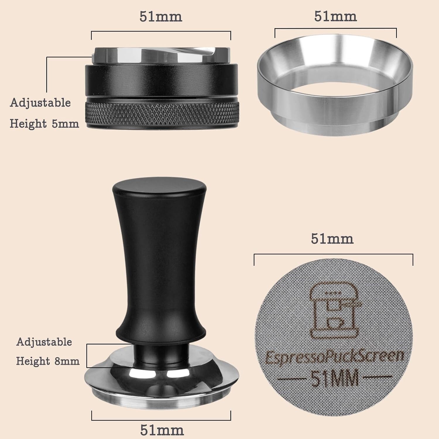 4-Piece Espresso Tools Kit - Adjustable 51mm Tamper, Distributor & Dosing Funnel