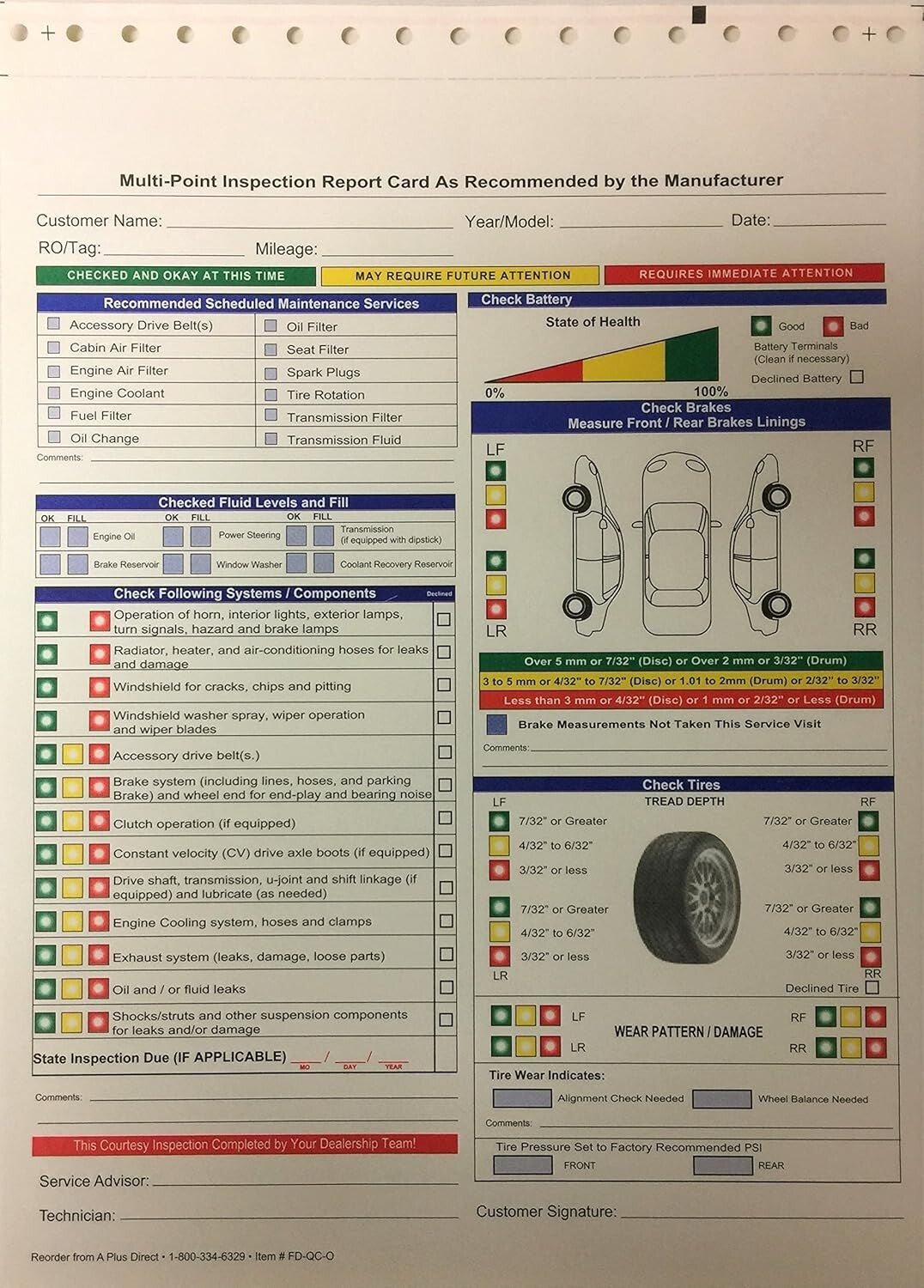 250 Carbonless Multi-Point Inspection Forms - Ideal for Vehicle Service Centers