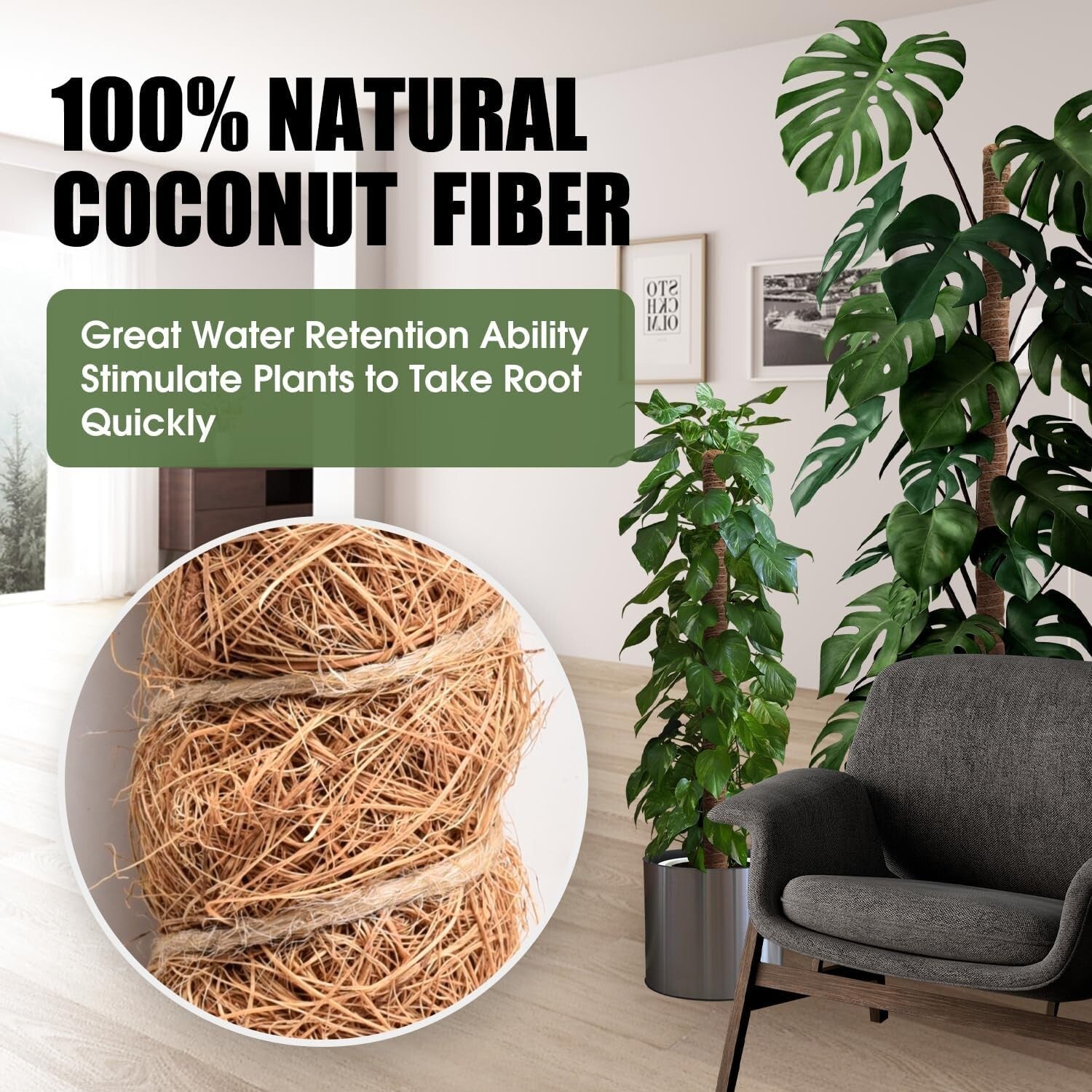 4 Pack Natural Coco Coir Moss Poles - Adjustable Plant Support for Indoor Growth