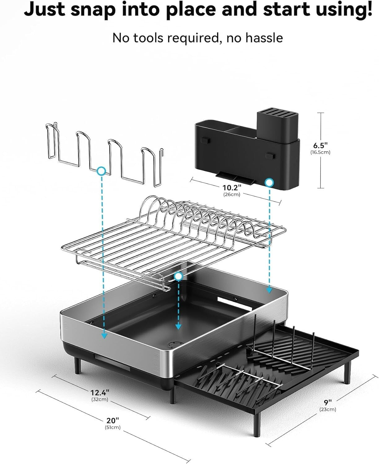 Black Expandable Dish Rack with Flip-Up Holders - 304 Stainless Steel Durability