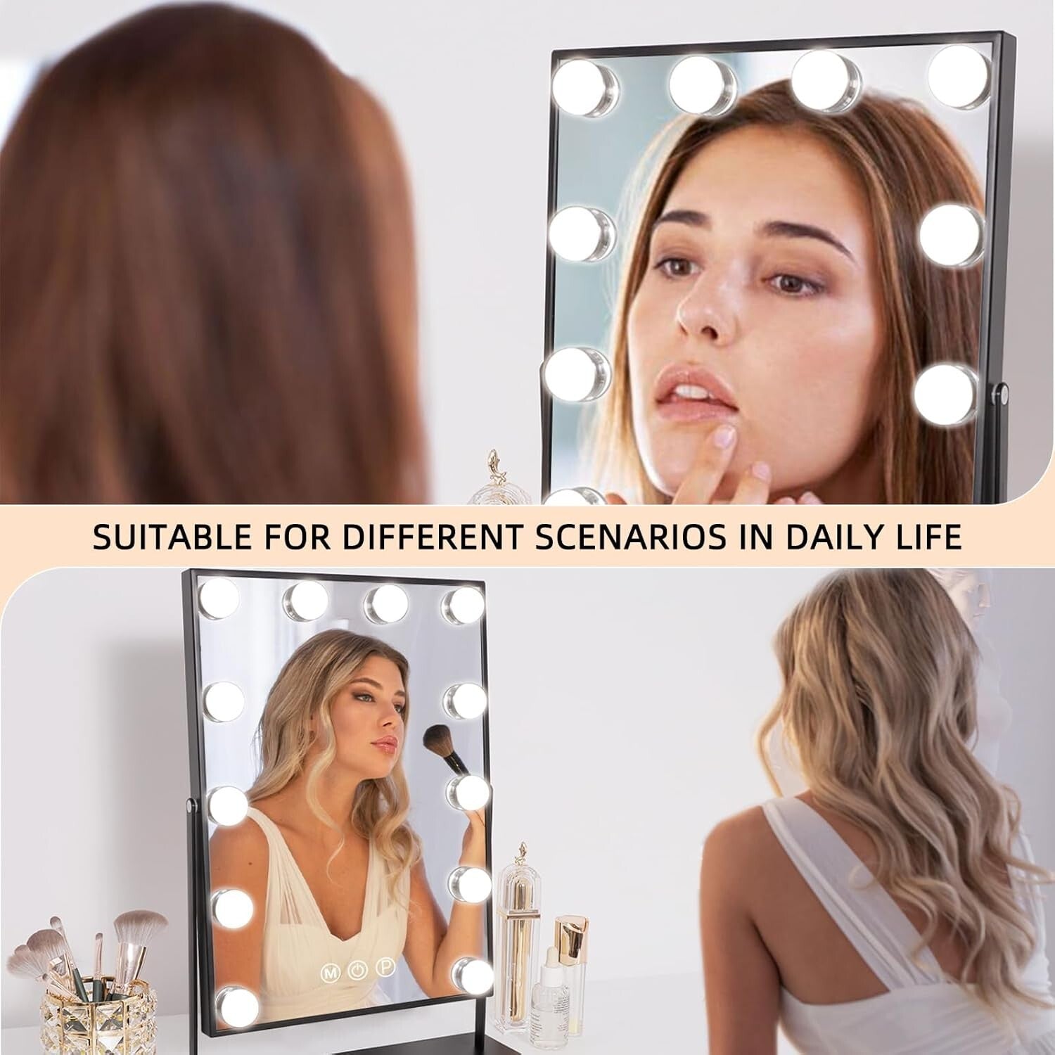 Elegant Black Glam Makeup Mirror - 3 Colors & Detachable 10X Magnification