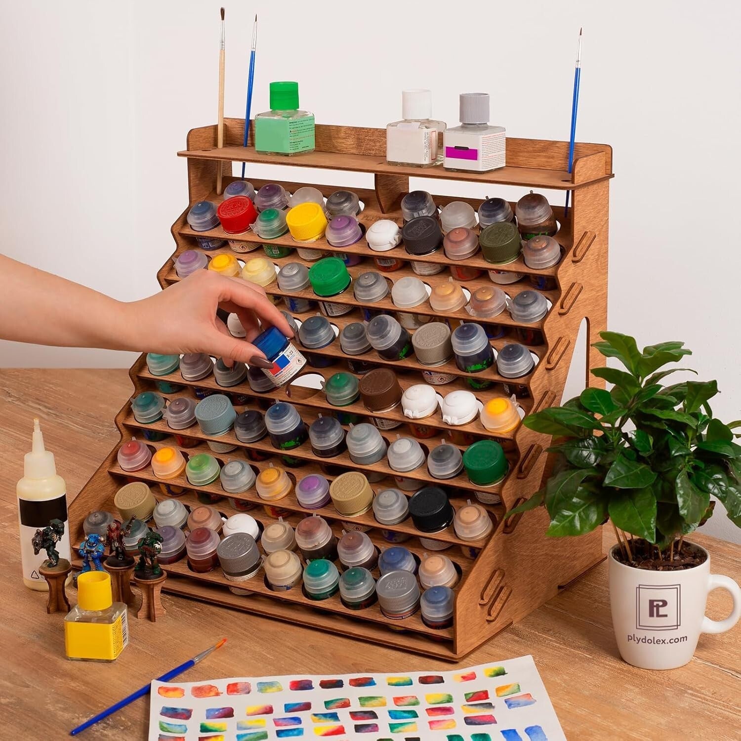 Elegant Wooden Paint Organizer for 87 Bottles & 14 Brushes - Easy Assembly