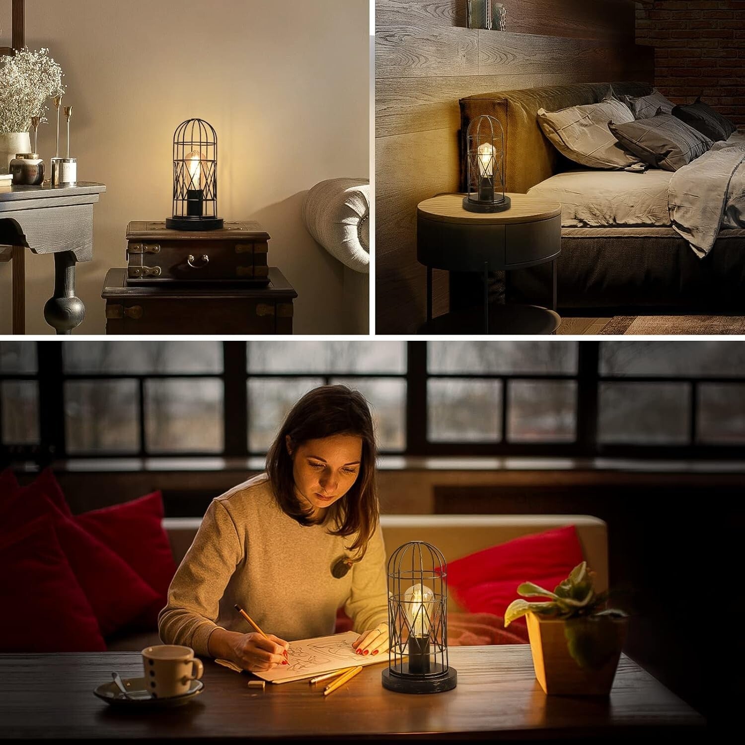 Industrial Touch Table Lamp with Dimmable 3-Way Control - Vintage Cage Design