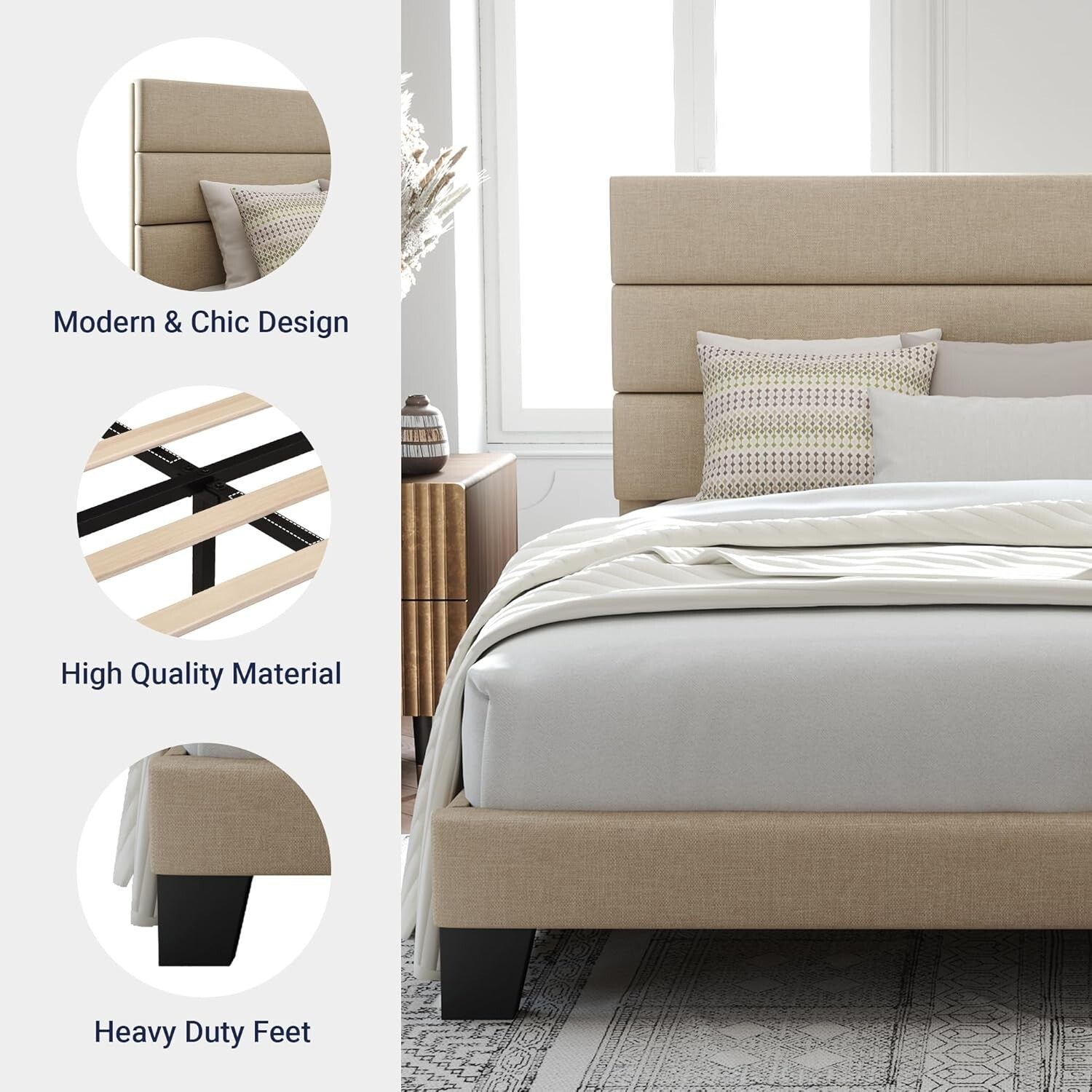 Elegant Full Size Platform Bed with Upholstered Headboard – No Box Spring Needed