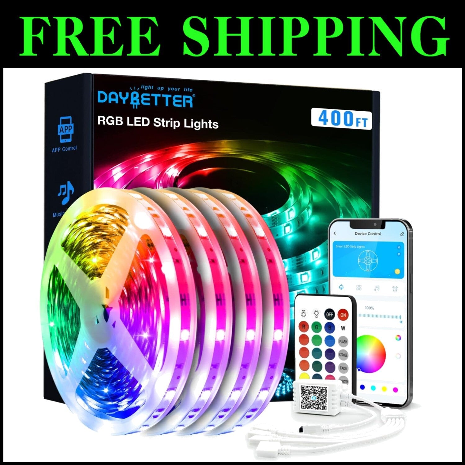 Creative LED Strip Lights 400ft - Music Sync & Timer for Fun Bedroom Decoration