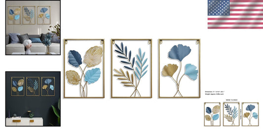 Elegant Gold and Canal Blue Ginkgo Biloba Metal Wall Sculptures - 3-Piece Set