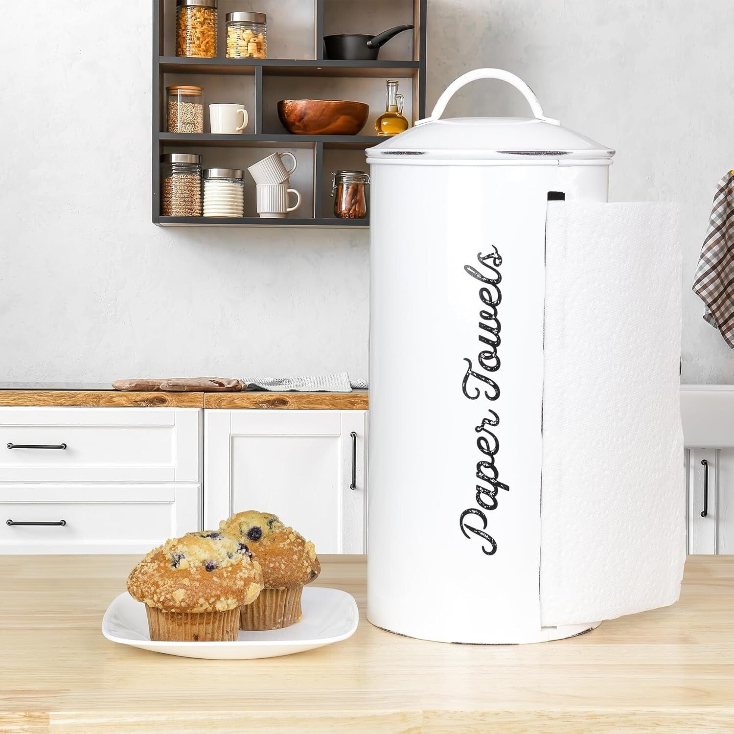 Durable Enclosed Paper Towel Holder - Stylish White Rustic Decor for Kitchen