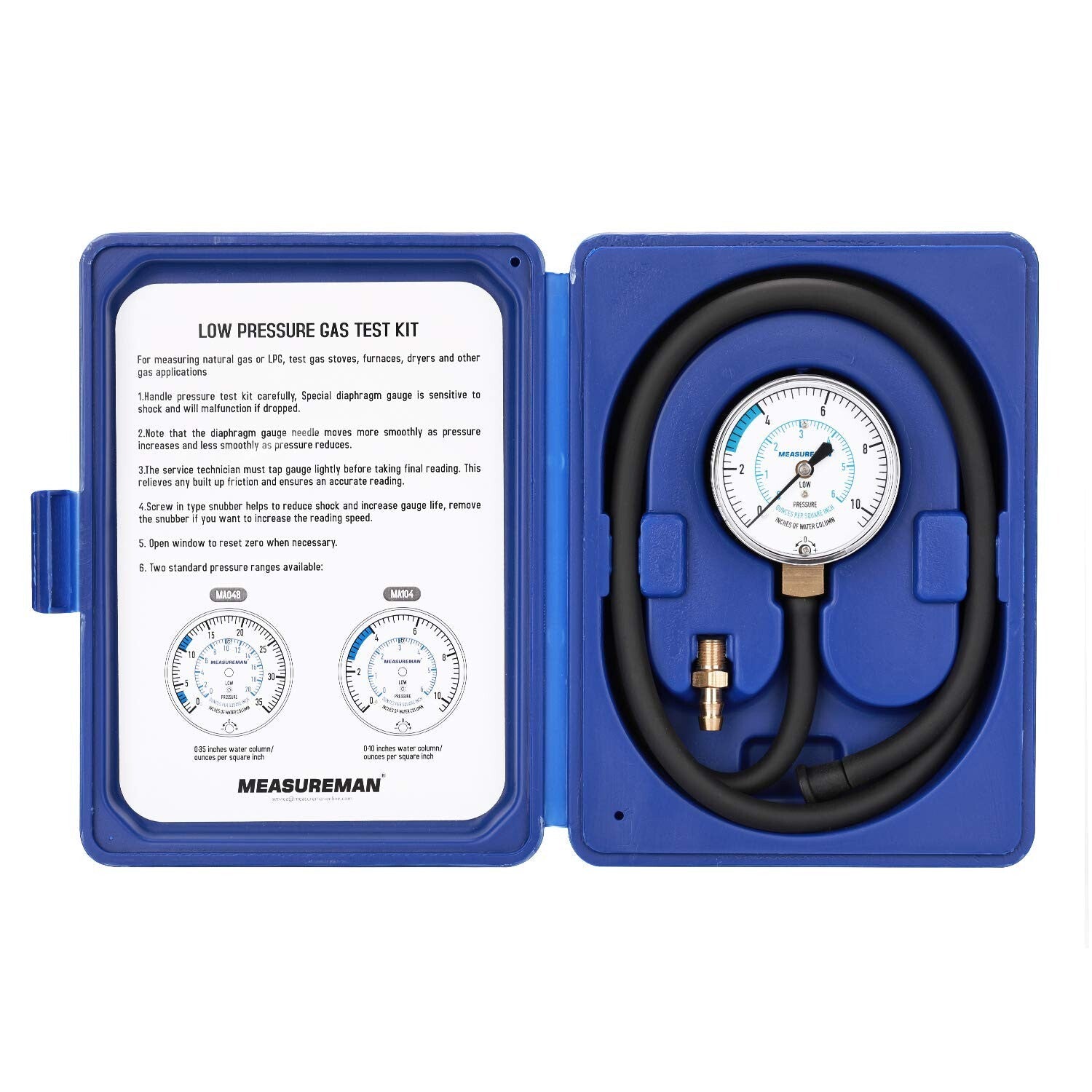 0-10" W.C. Manifold Pressure Test Kit with 40" Rubber Hose - Easy to Use & Store