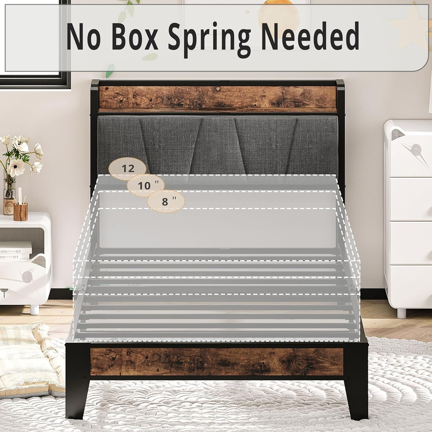 Noise-Free Twin Bed Frame with USB Charging Headboard - Perfect for Small Spaces