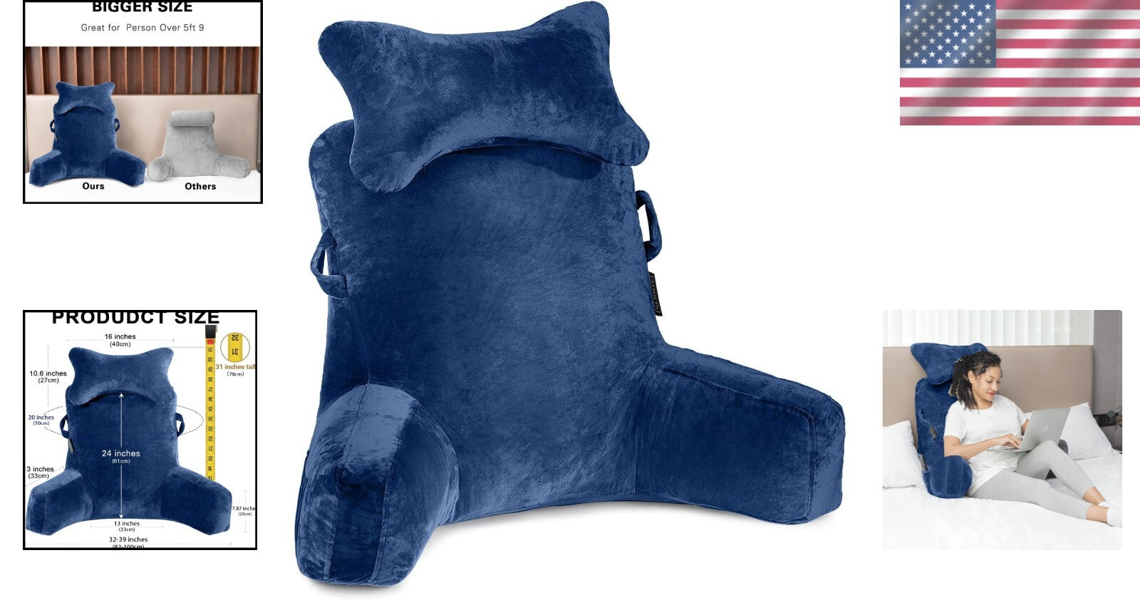 Extra Large 31'' Reading Pillow - Deluxe Backrest with Neck Roll & Arm Support