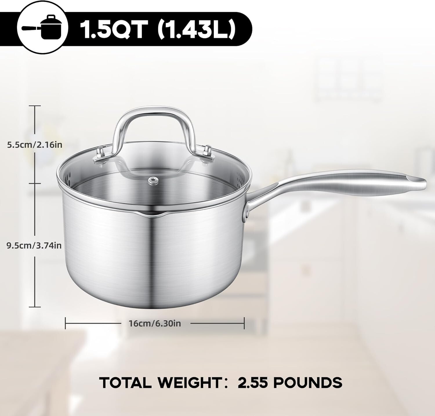 1.5-Quart Stainless Steel Saucepan with Glass Strainer Lid for Versatile Cooking