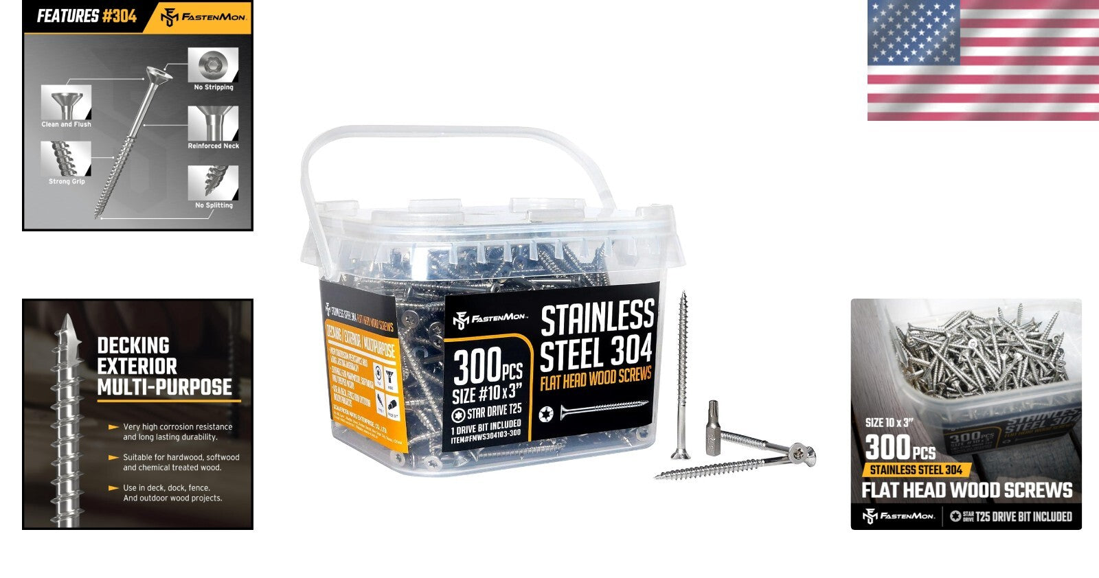 304 Grade Stainless Steel Deck Screws - 300 PCS with T25 Drive Bit, Outdoor Use