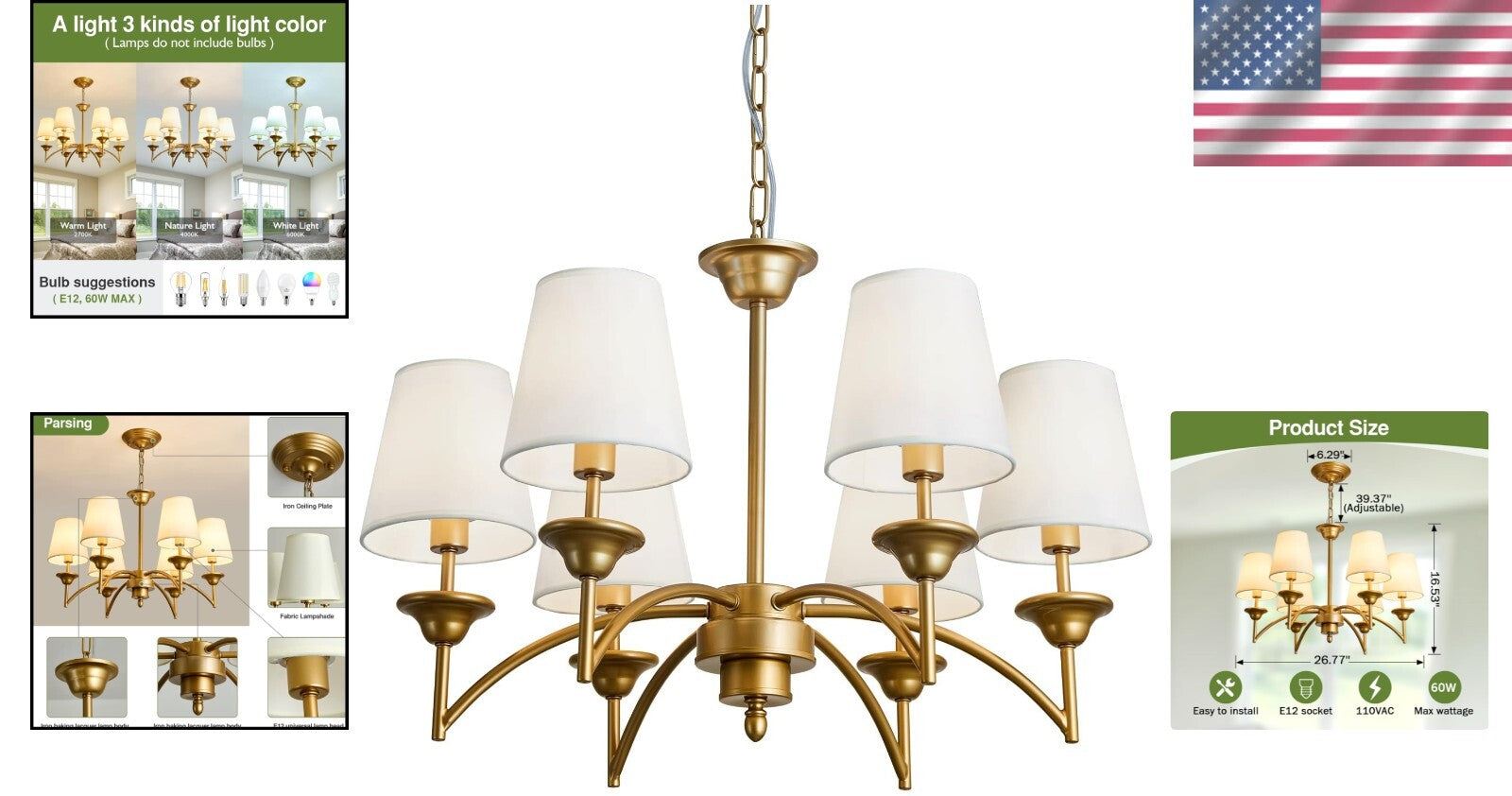 Elegant 6 Light Gold Pendant Chandelier with Fabric Shades - Modern Home Fixture