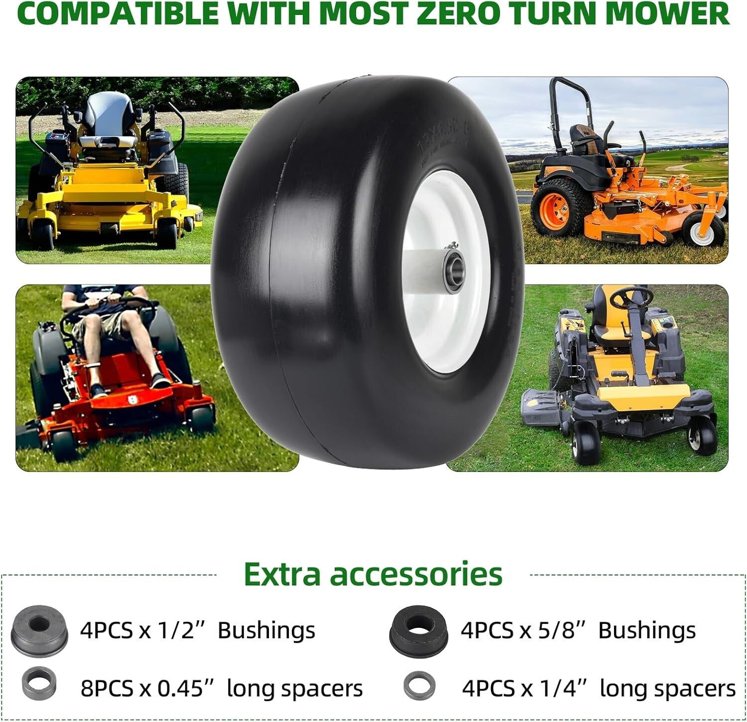 2-Pack Lawn Mower Tires - 13" Flat-Free Rubber with Rim for Smooth Turf Treads