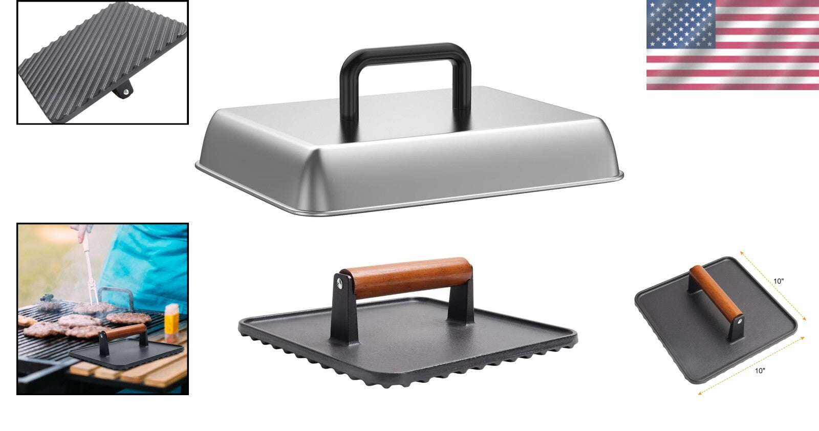 14" Stainless Steel Melting Dome & Cast Iron Burger Press - Griddle Essentials