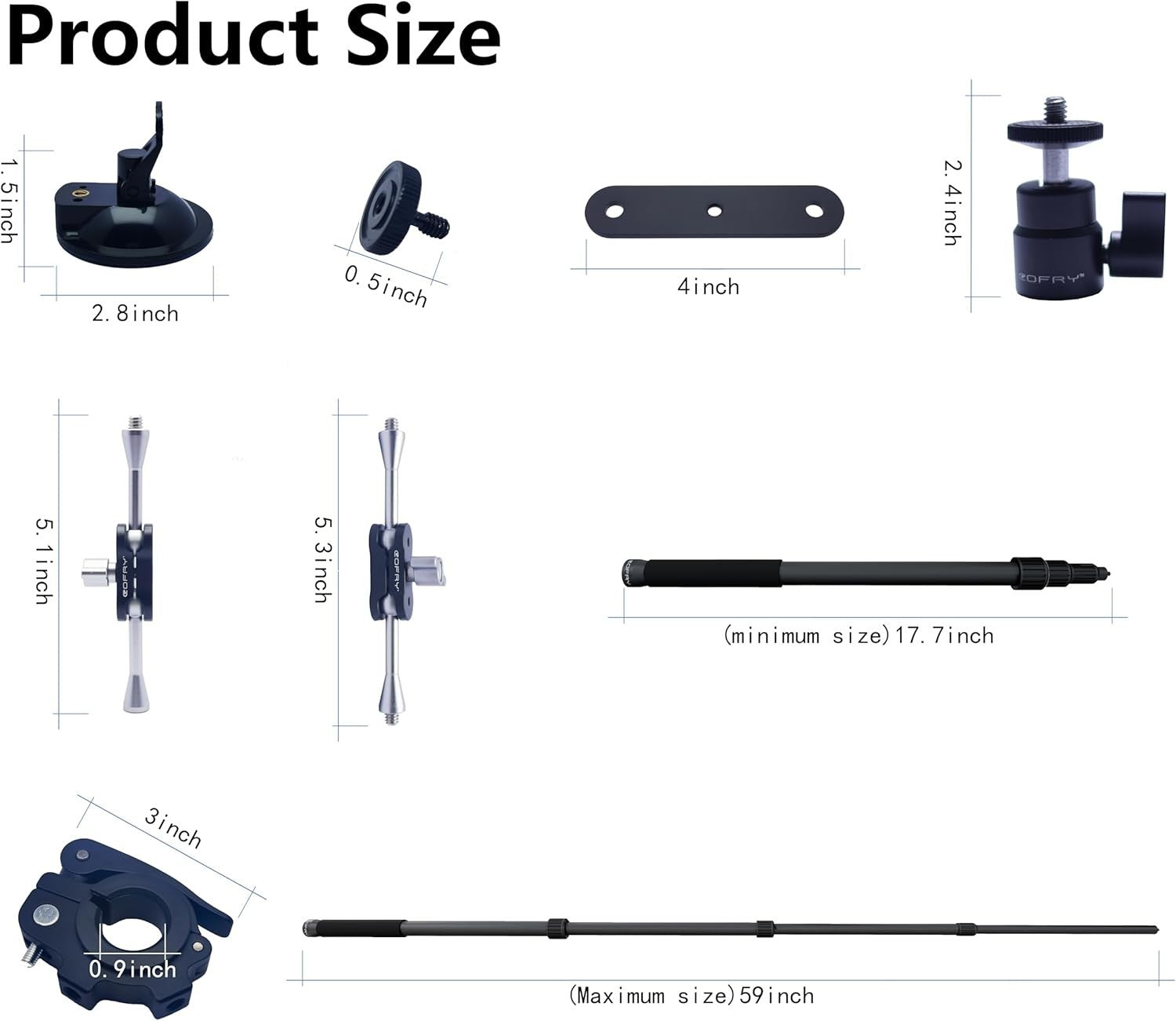 Aviation Grade Aluminum Car Mount with 44-Inch Selfie Stick for Action Cameras