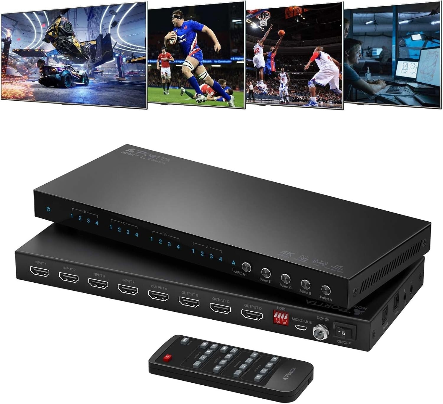 4x4 HDMI Matrix Switcher 4K 60Hz with Audio Extractor & Remote Control