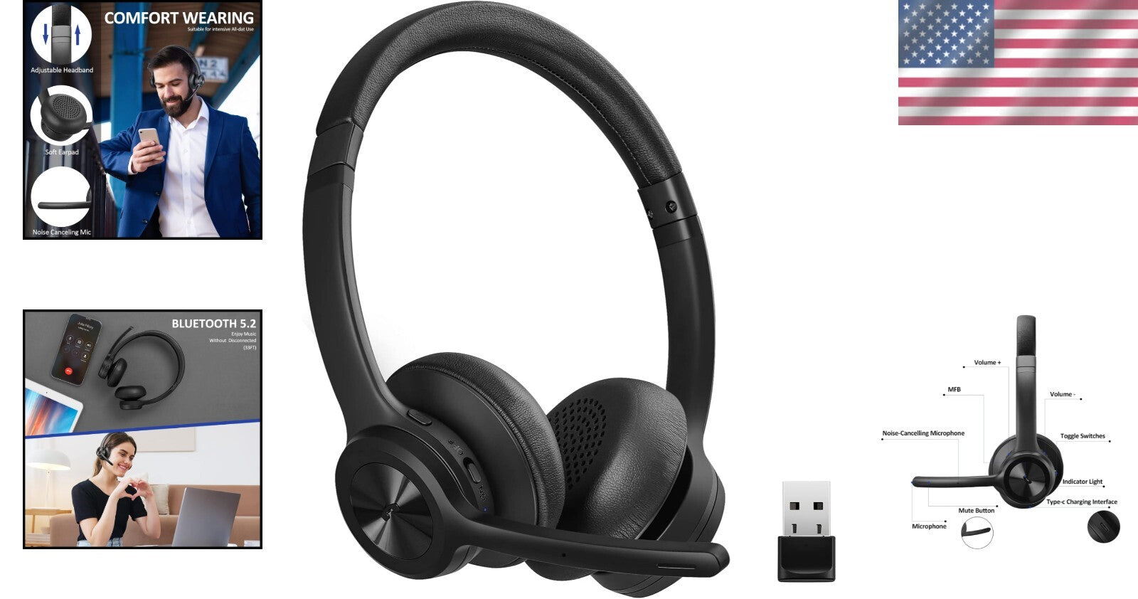 High-Performance Wireless Bluetooth Headset with Long Battery Life & USB Adapter