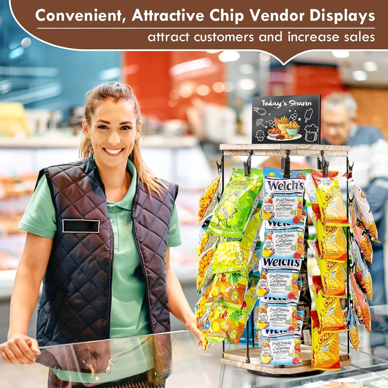 Stylish Wooden Chip Display Rack with 40 Clips and Message Board - 360° Access