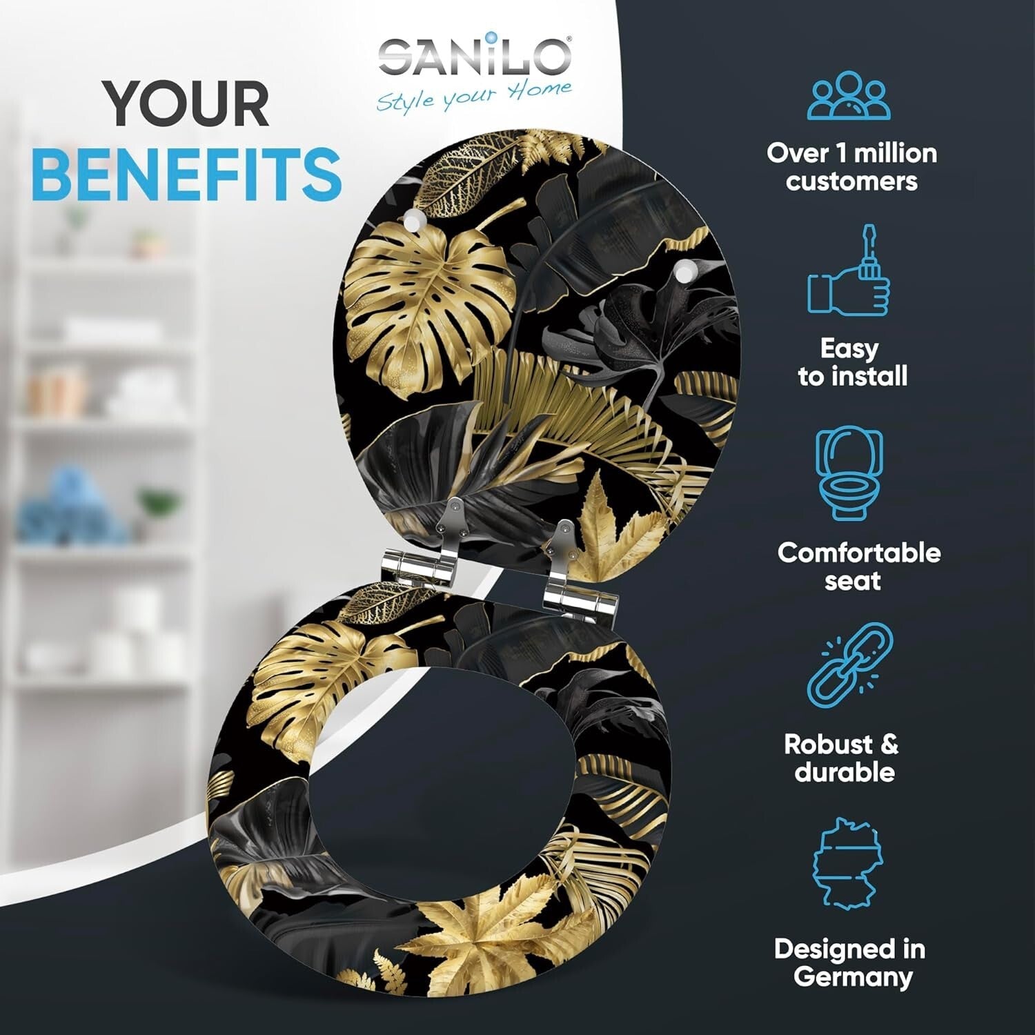 Luxury Molded Wood Toilet Seat with Soft Close Feature - Golden Leaves Design