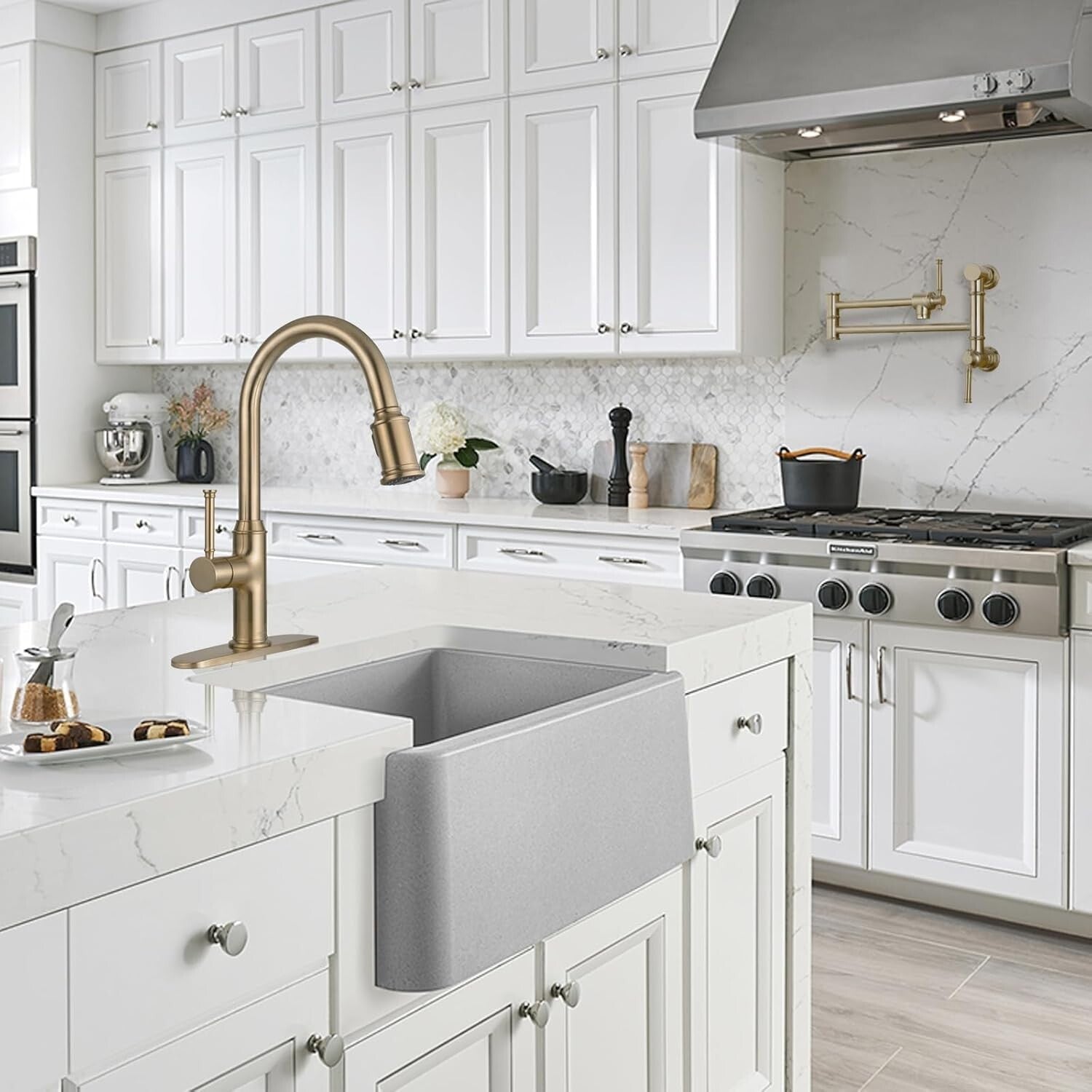 High Arc Brushed Bronze Kitchen Faucet with Dual Function Sprayer and Deck Plate