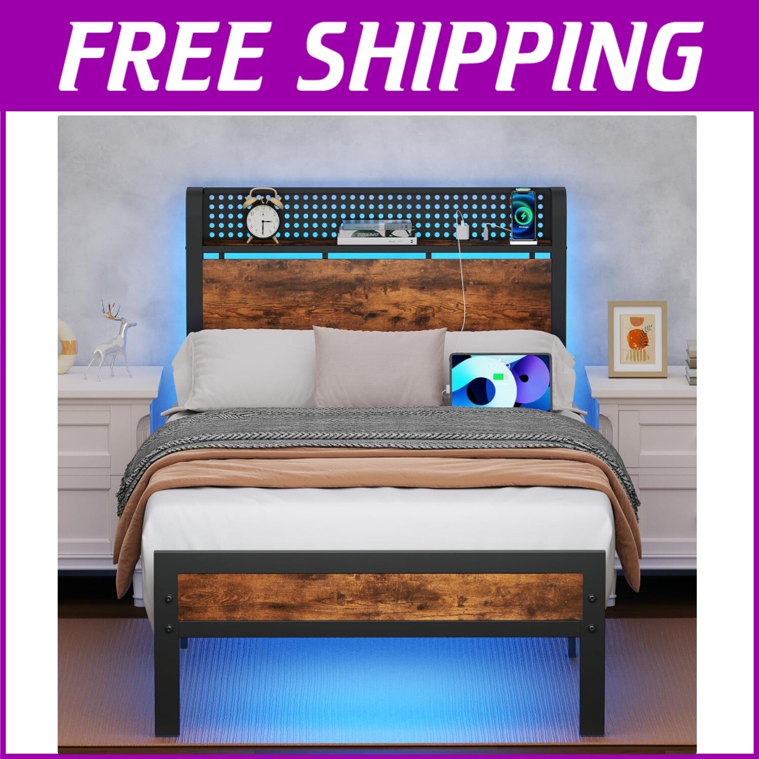 Functional Twin Bed Frame with LED Lights, Wood Headboard & Under-Bed Storage