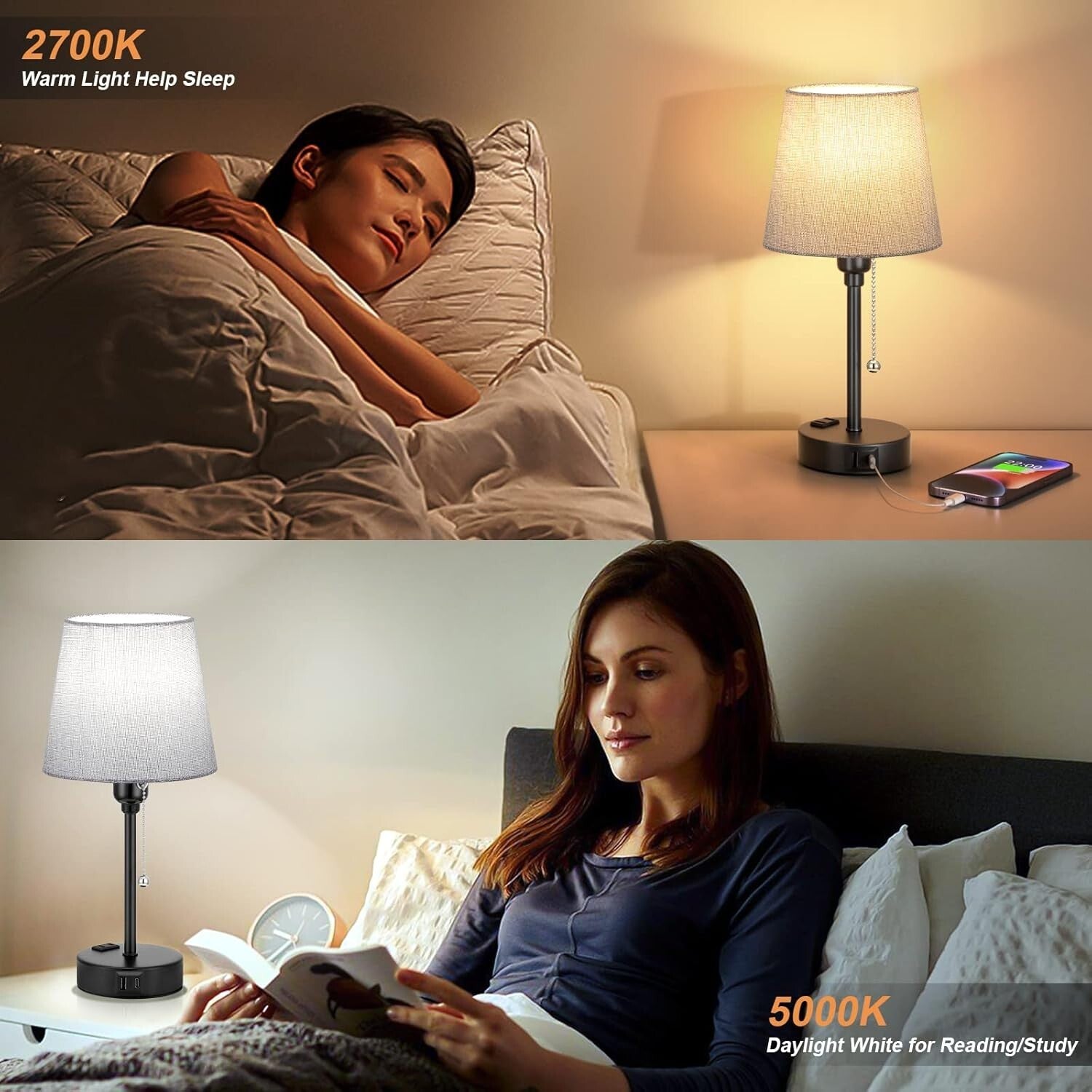 Dimmable Gray Bedside Lamps with Built-in USB Charge & 3 Light Settings - 2 Pack