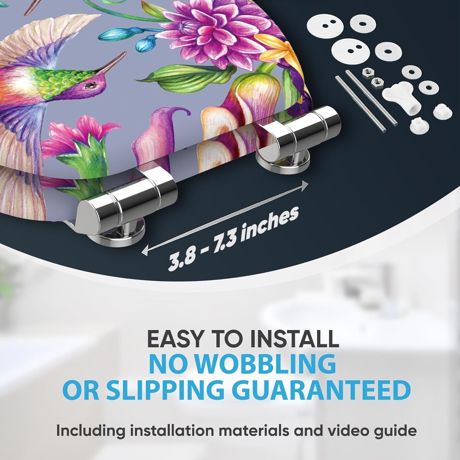 Elongated Molded Wood Toilet Seat with Beautiful Hummingbird Print - Soft Close