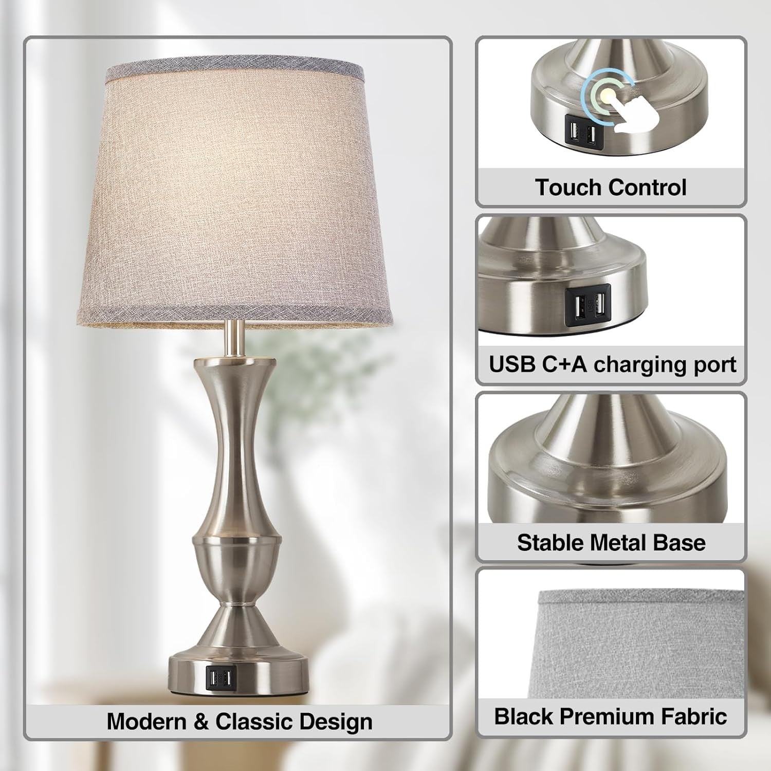 Elegant 22" Table Lamps Set with Touch Control and USB Charging - Silver & Grey