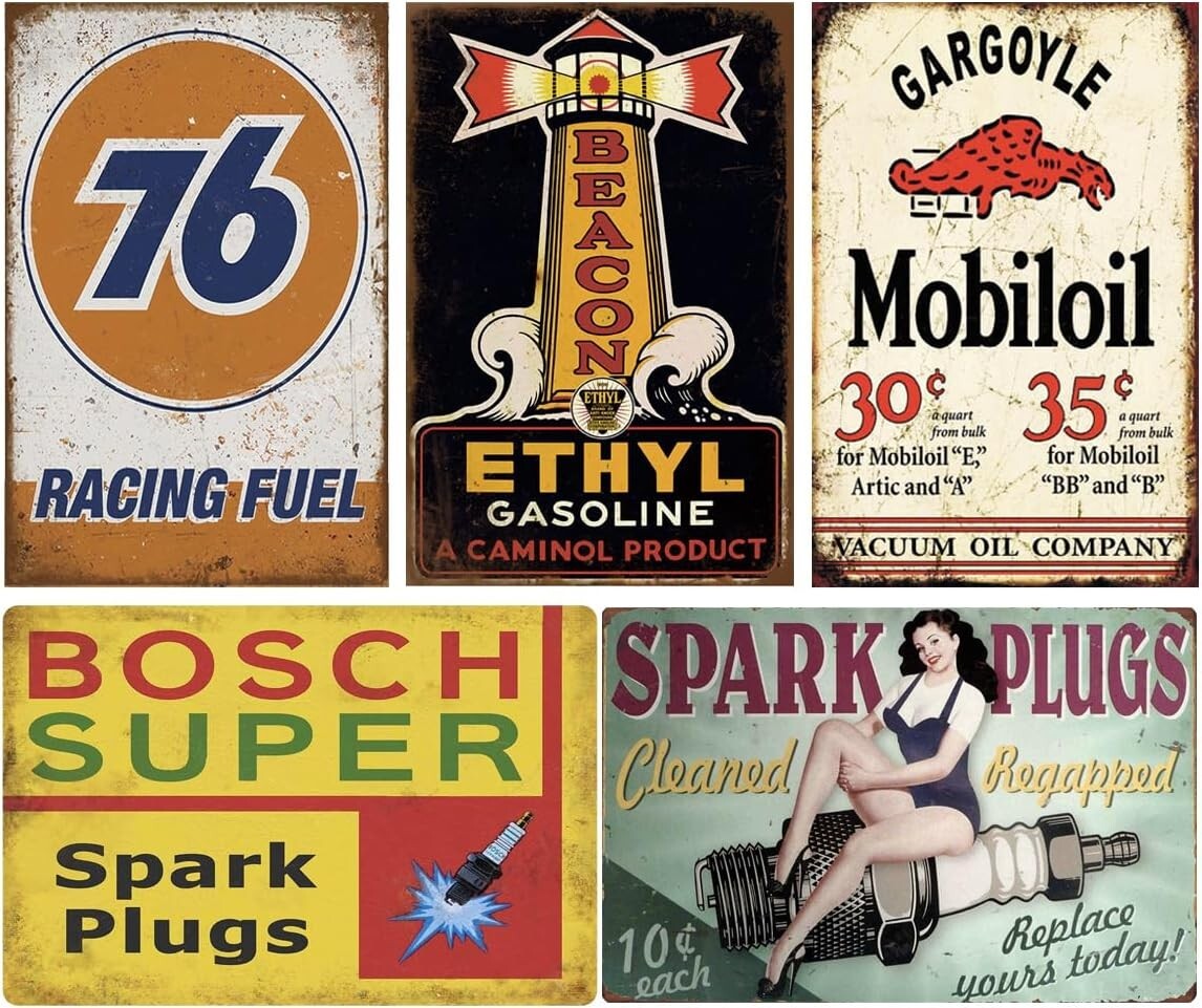 Durable Vintage Gas & Oil Metal Signs - 24-Piece Wall Art Collection, 8x12 in.
