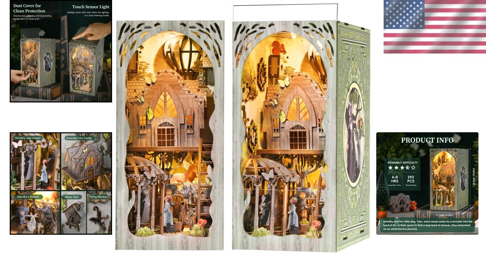 Creative 3D Wooden Book Nook with LED Lights - Elegant Dorothy's Adventure Decor