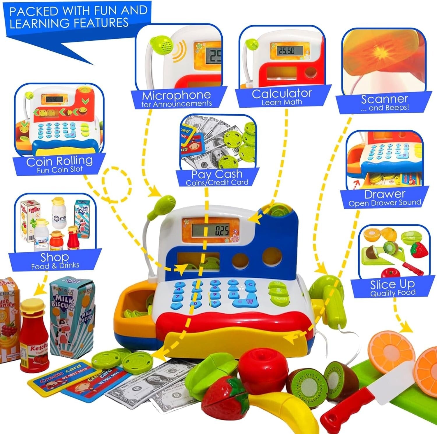 Engaging Toy Cash Register with Sound, Play Money & Grocery Items for Kids