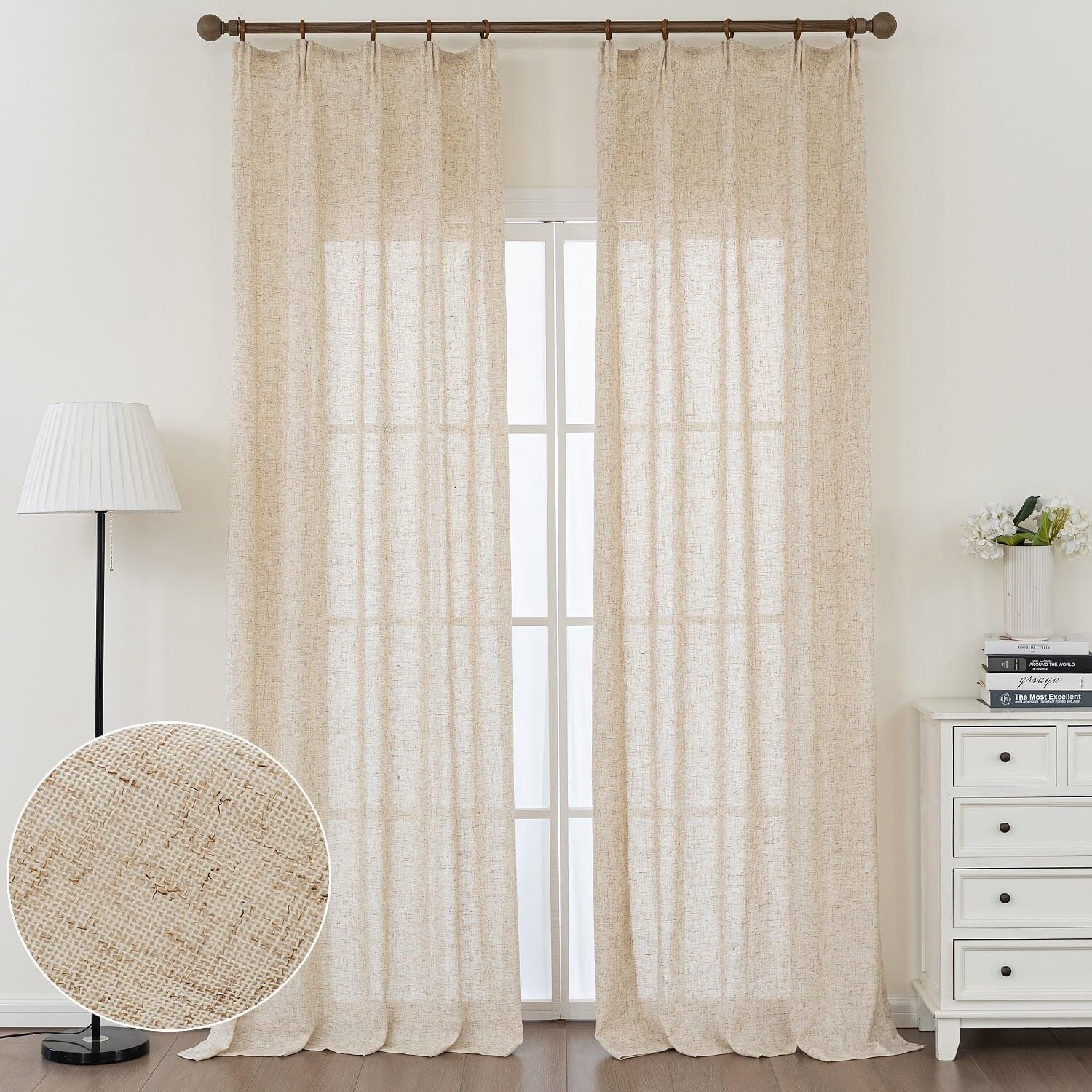 Stunning Semi-Sheer Pinch Pleat Curtains - 90 Inch Faux Linen Drapes - Set of 2
