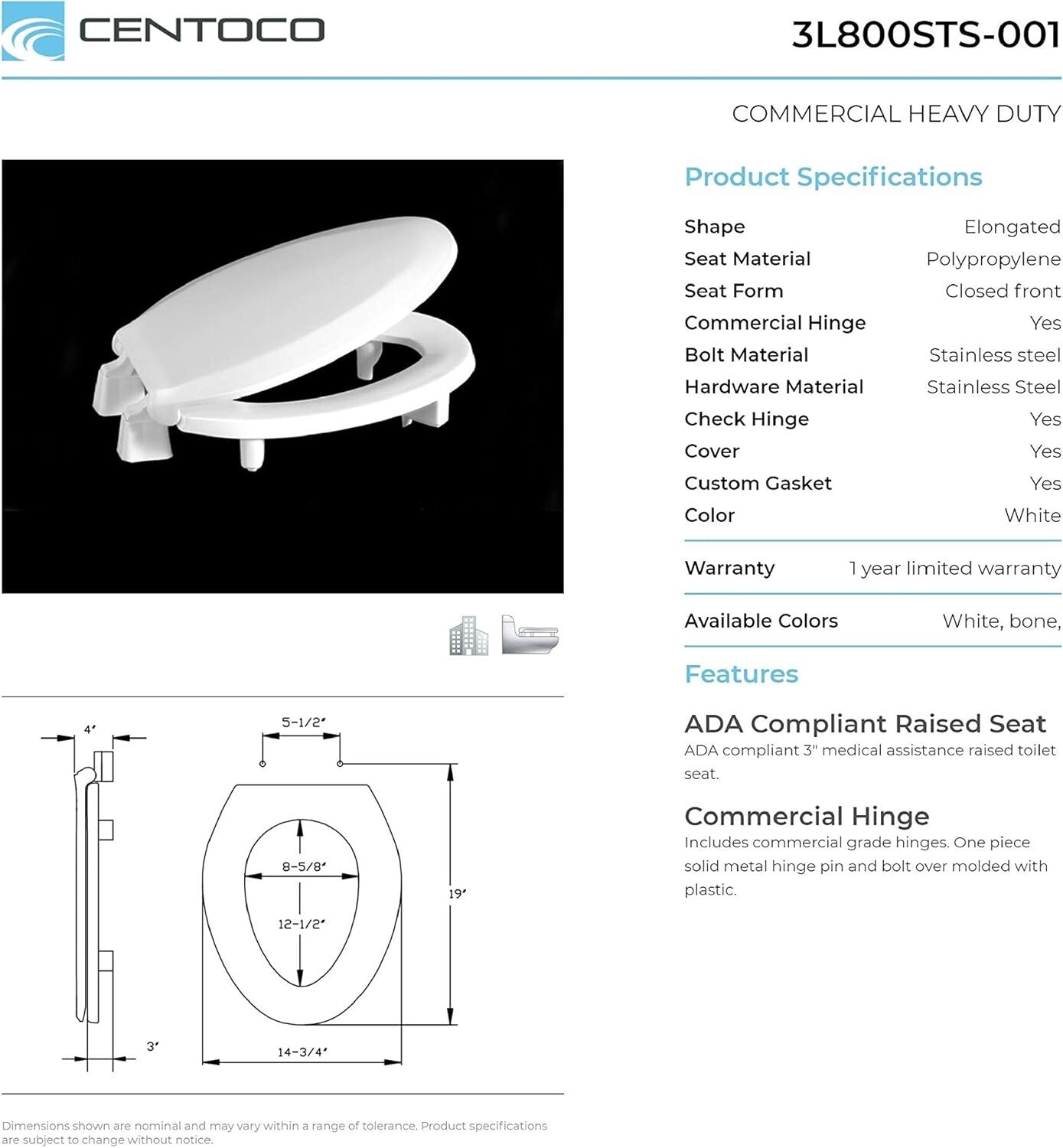3-Inch Elongated Raised Toilet Seat with Lid - Durable & Comfortable Support