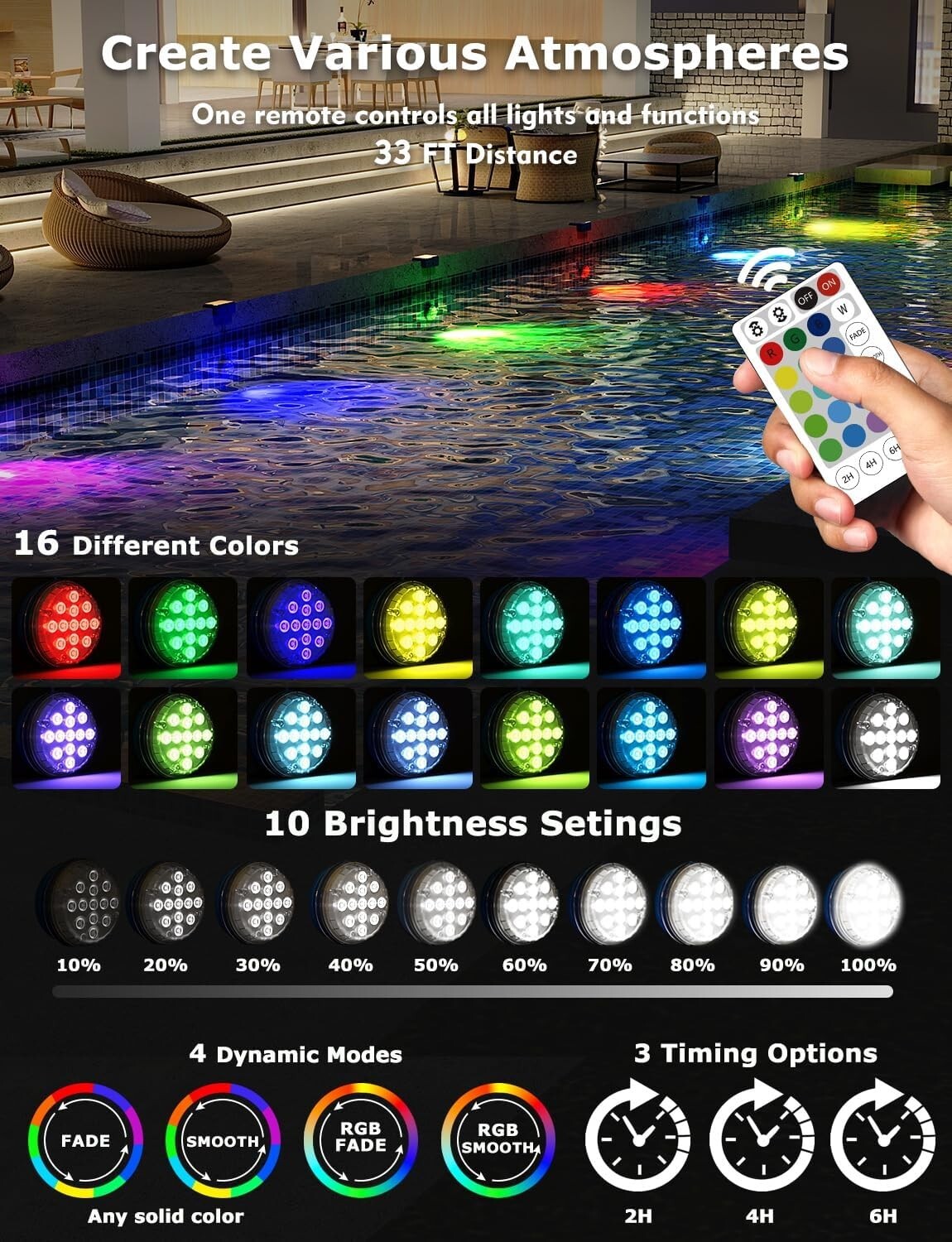 16 Color Changing Solar Pool Lights with Remote - Waterproof LED Lighting 4 Pack