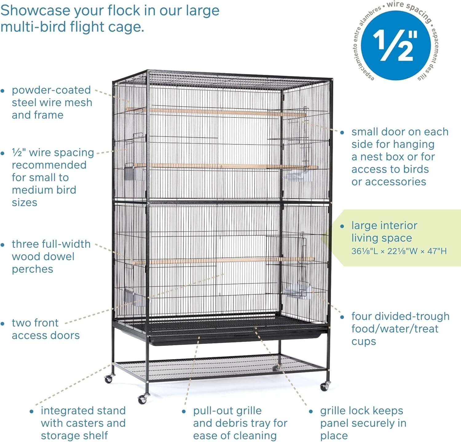 Elegant Extra Large Wrought Iron Flight Cage for Birds - Hammertone Black Finish