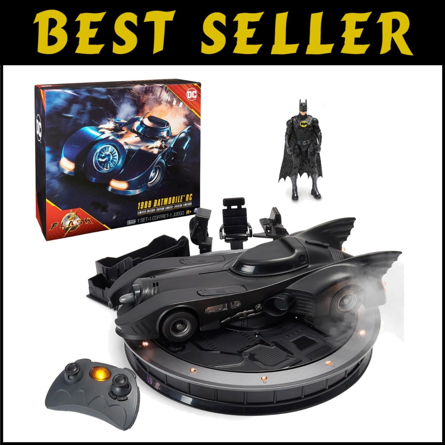 Dynamic 1989 Batmobile RC with Light-Up Features & Rotating Batcave Display Base