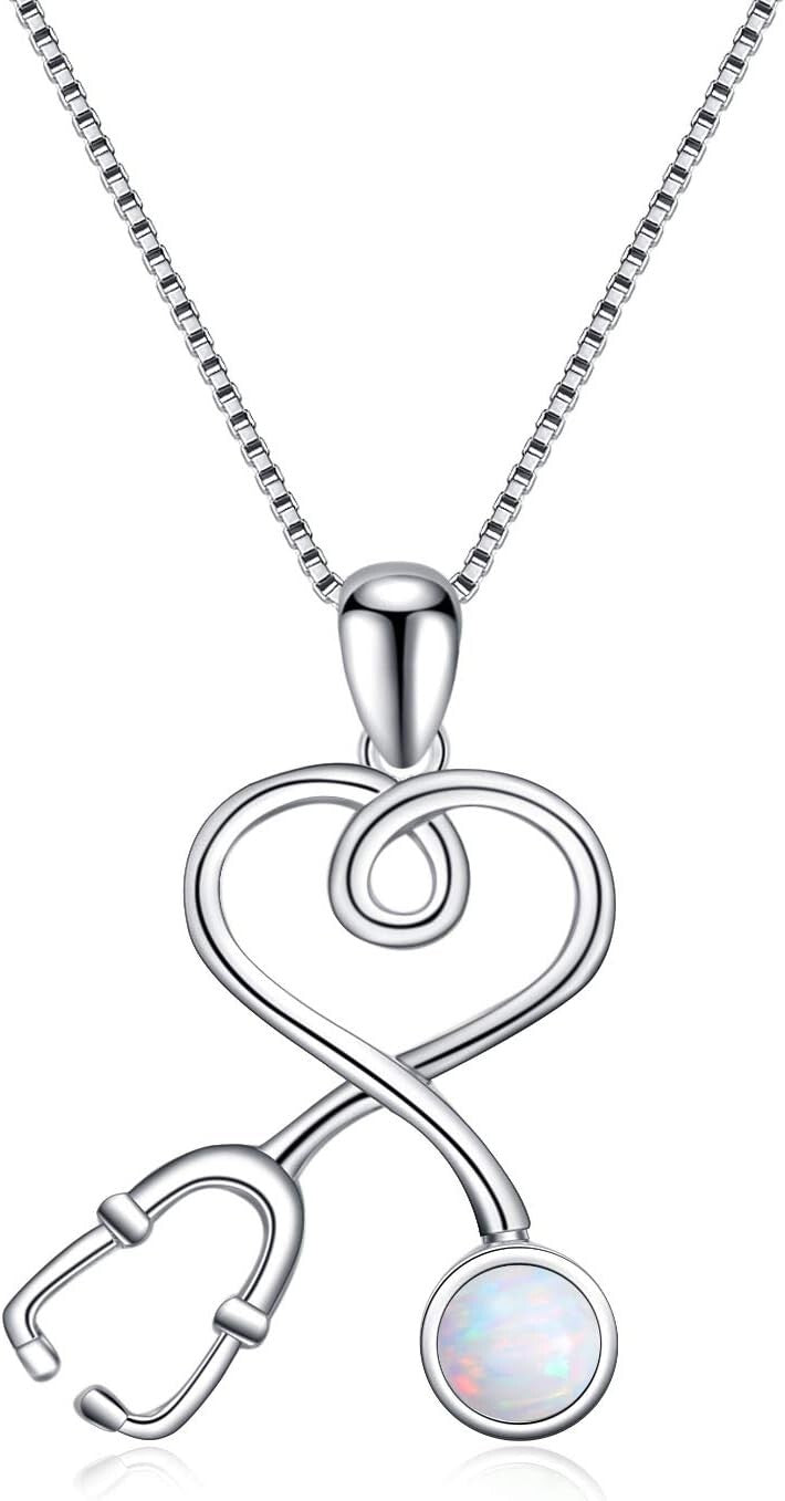 Hypoallergenic Medical Jewelry: Stethoscope Necklace with Opal Birthstone Charm
