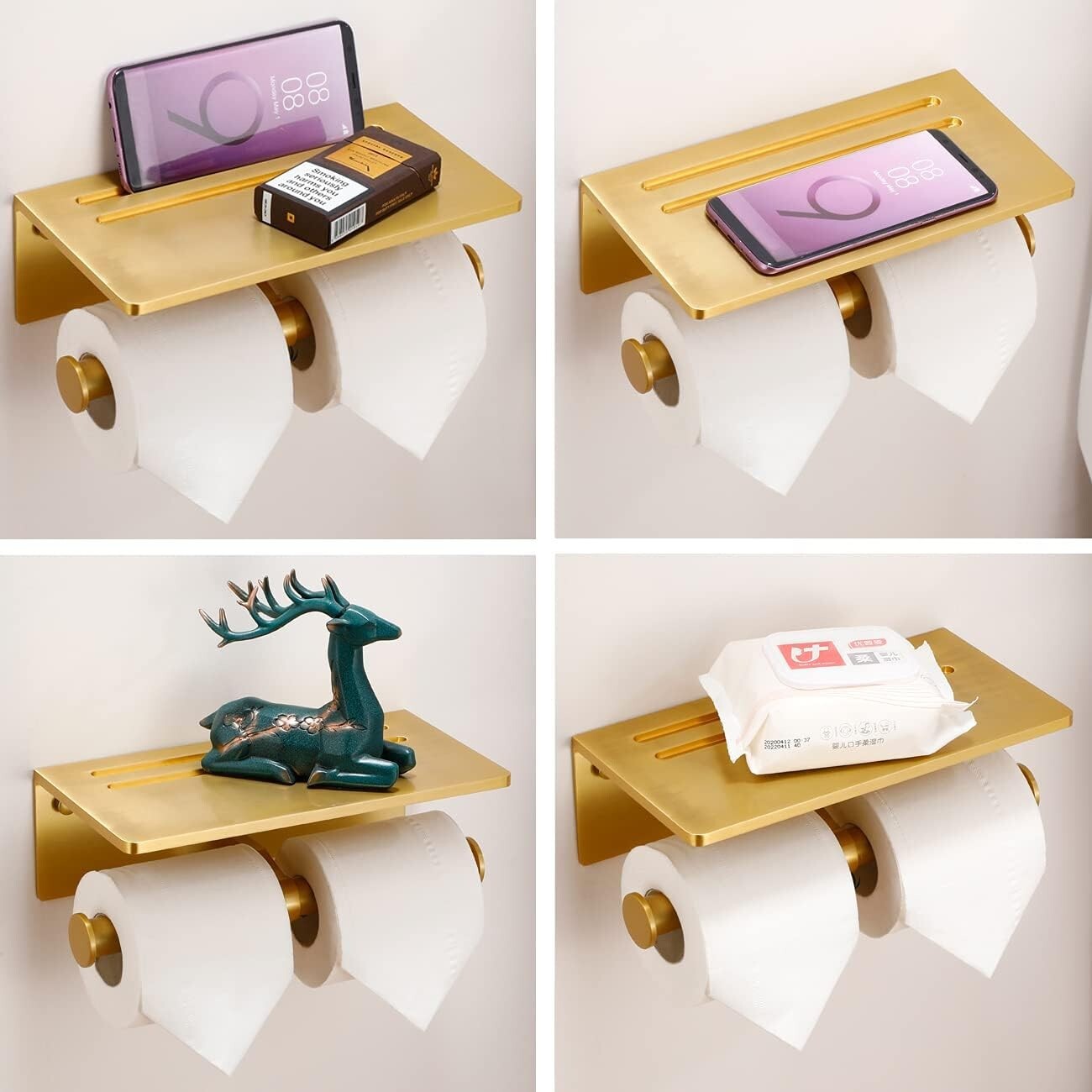 Dual Roll Toilet Paper Holder & Shelf in Brushed Gold - Easy Installation