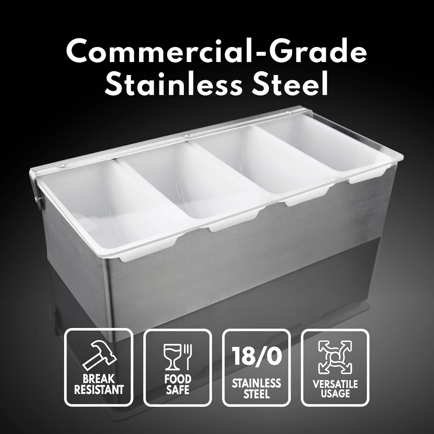 Multi-Compartment Stainless Steel Condiment Organizer with Hinged Acrylic Lid