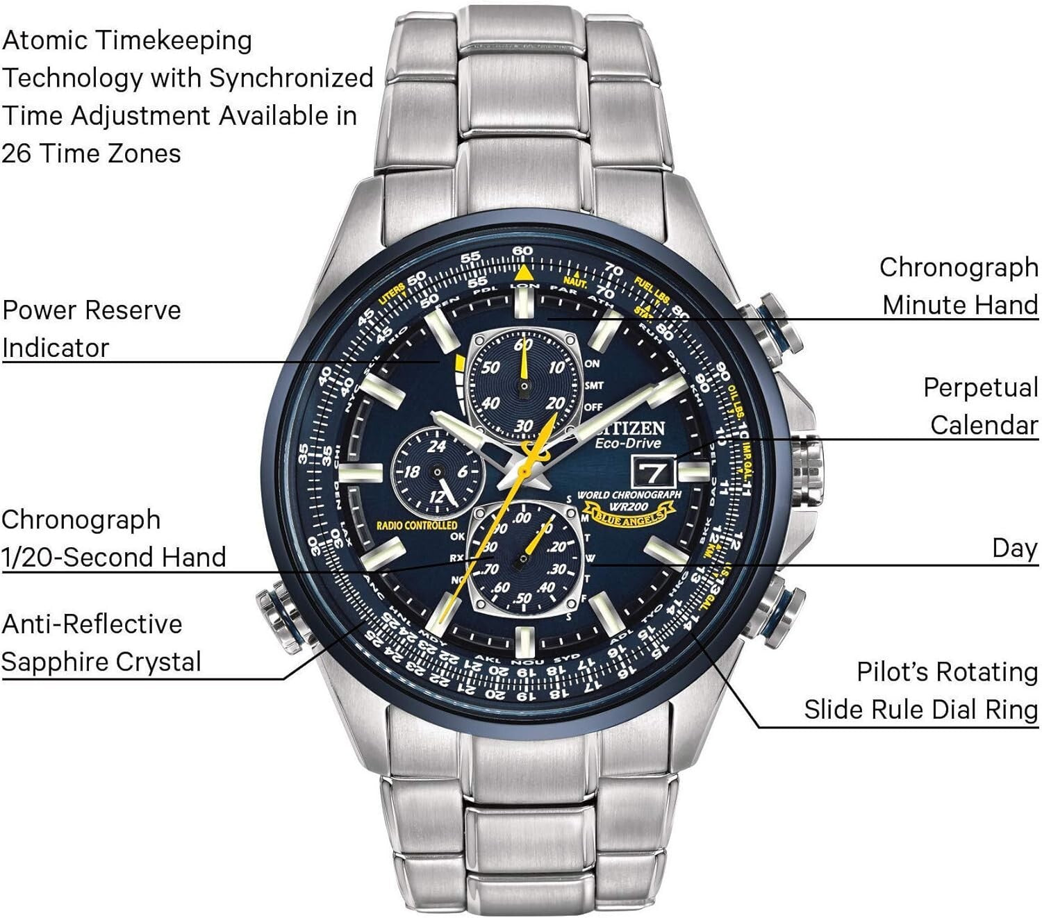 Men's Blue Angels Eco-Drive Sports Watch - Radio-Controlled Luxury Chronograph