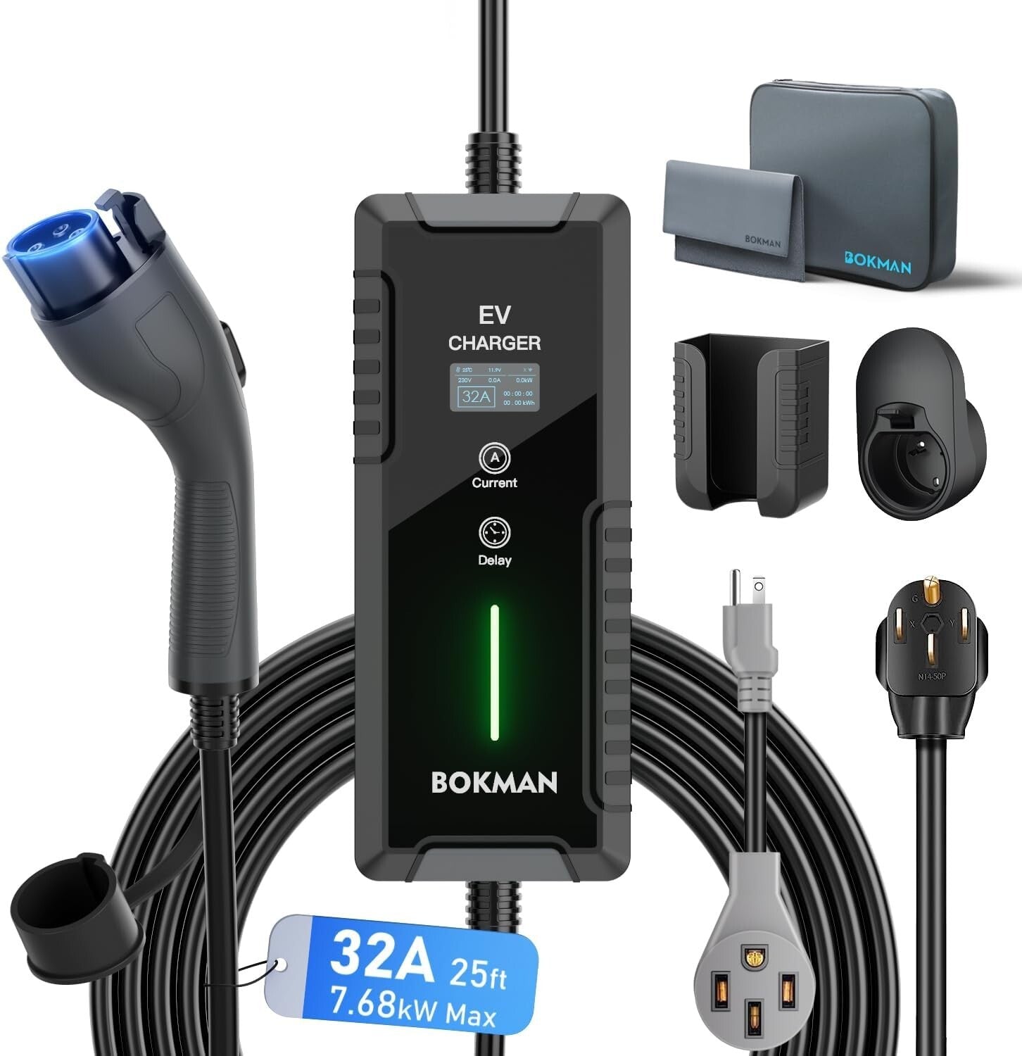32A Level 2 Electric Vehicle Charger with Adjustable Current & Safety Features