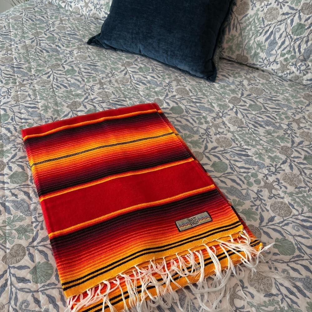 Lightweight Mexican Saltillo Blanket - Vibrant 84" x 60" Beach and Yoga Throw