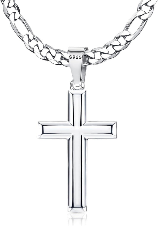 925 Sterling Silver Cross Necklace with Durable Figaro Chain - Gift Box Included