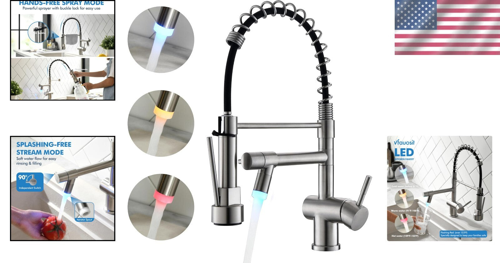 Durable Stainless Steel Kitchen Faucet with Dual Spouts & LED Temp Indicator