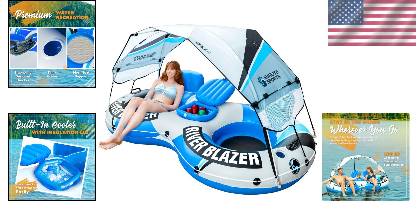 Expandable Comfort: Double Inflatable River Raft with Cooler & Sunshade Canopy