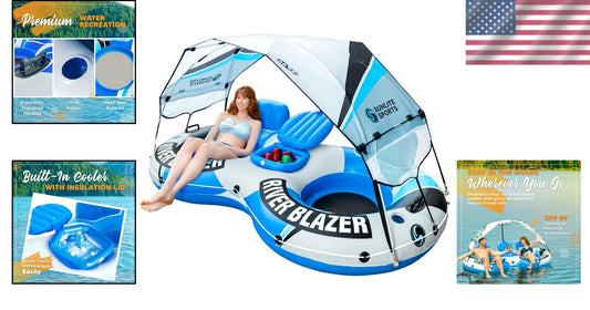 Expandable Comfort: Double Inflatable River Raft with Cooler & Sunshade Canopy