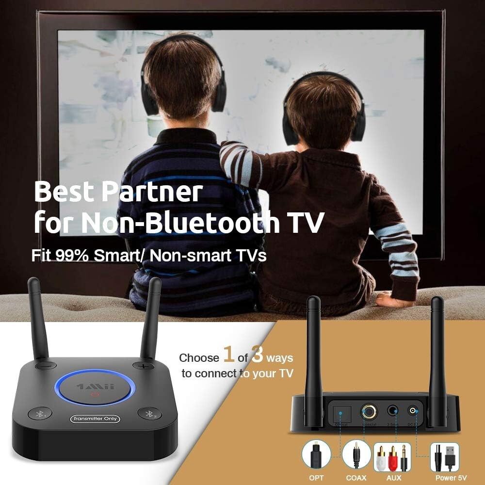 Compact Bluetooth Transmitter for TV - Supports Two Headphones Simultaneously