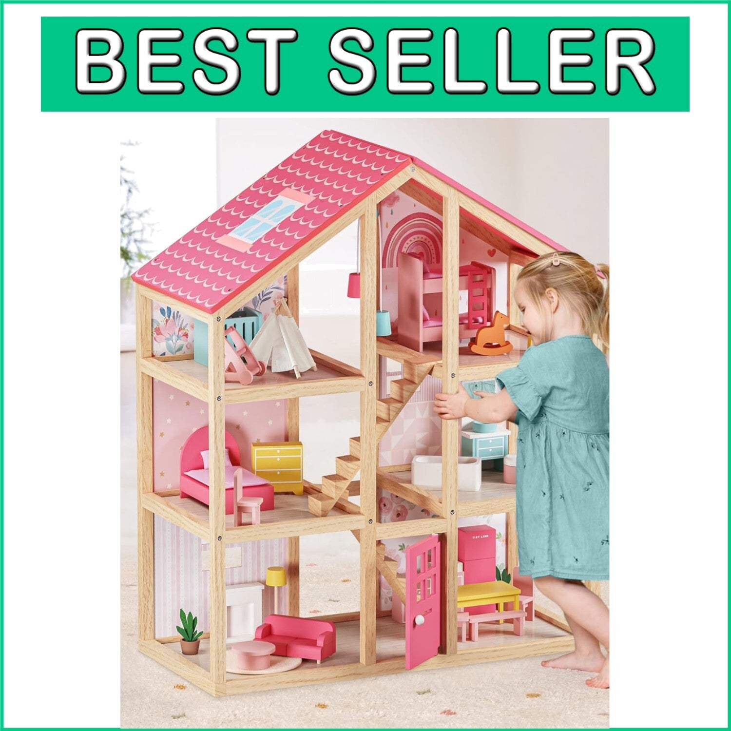 Durable 3-Story Wooden Dollhouse with Modern Furniture for Imaginative Girls